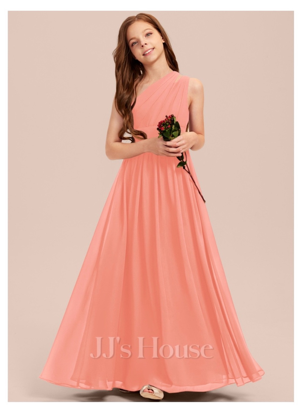 JJs House Girls' Coral One-Shoulder A-Line Maxi Dress- Size J 14